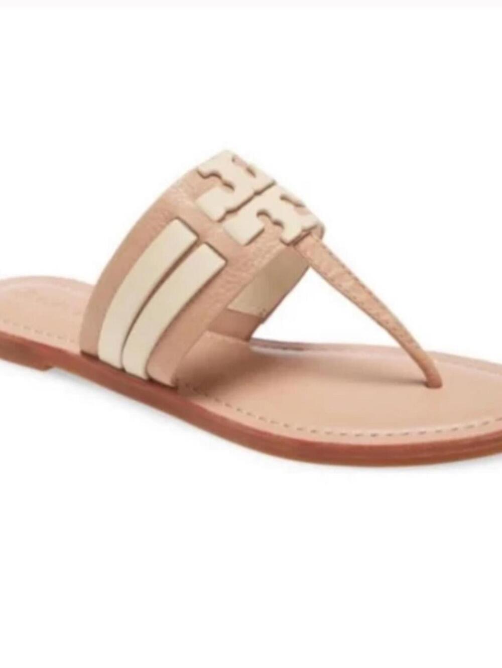 Tory Burch Leigh Leather Sandal Nude Ivory Flat Thong Slide | Size 10‎